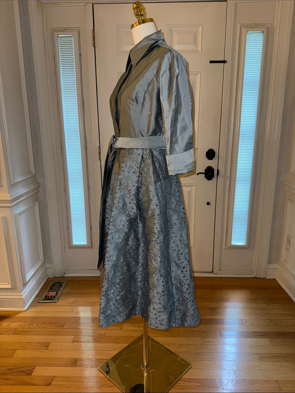 Rickie Freeman for Teri Jon Light Blue Satin Shirt-Collar Midi Dress - Picture 5 of 8